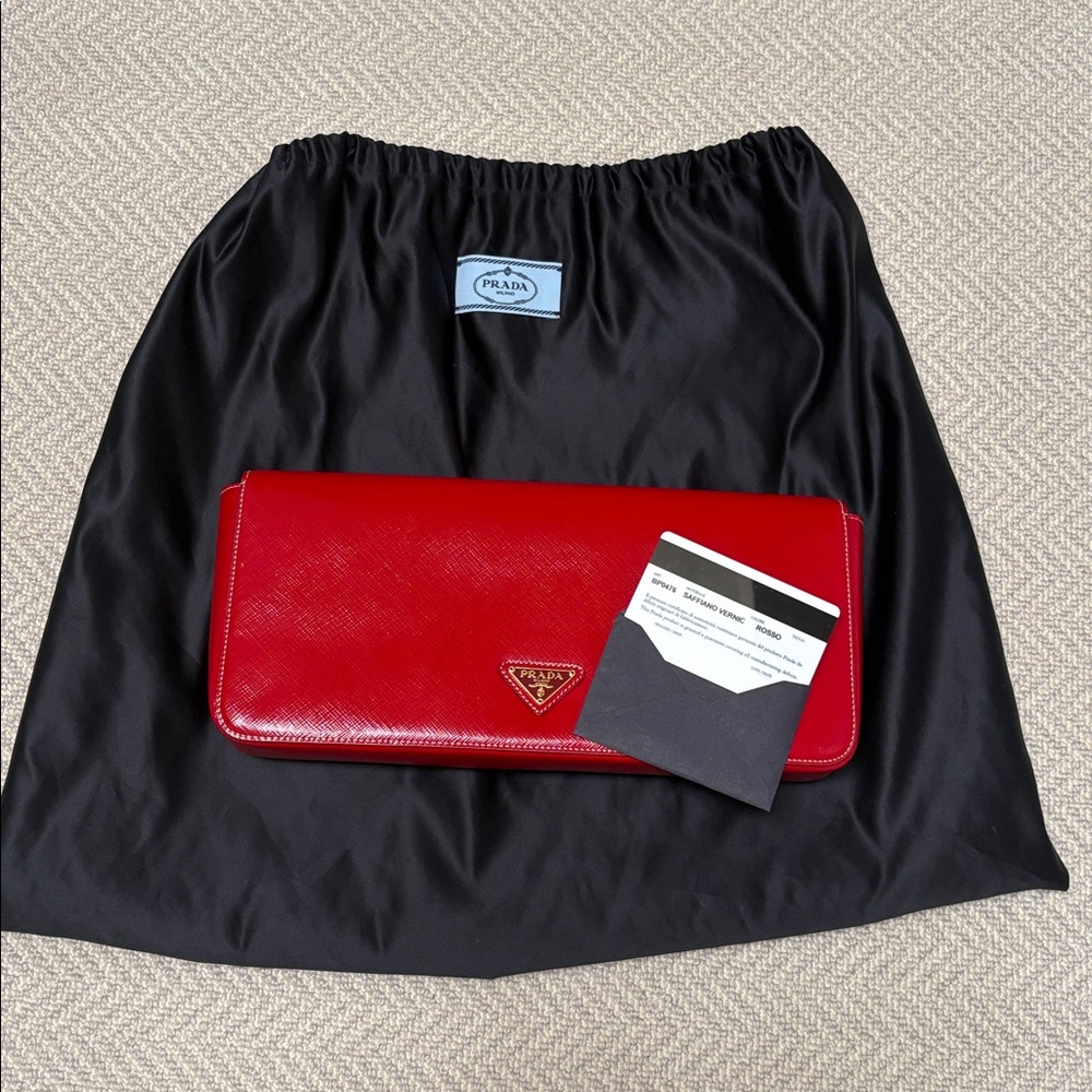 PRADA Red Saffiano Leather Vernice Clutch with Gold Hardware